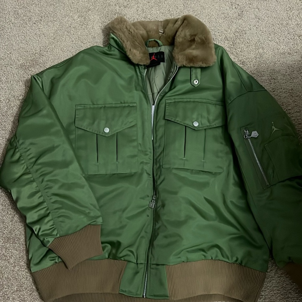 Air Jordan Flight Jacket Cropped Aviator Green with Brown faux fur collar Medium